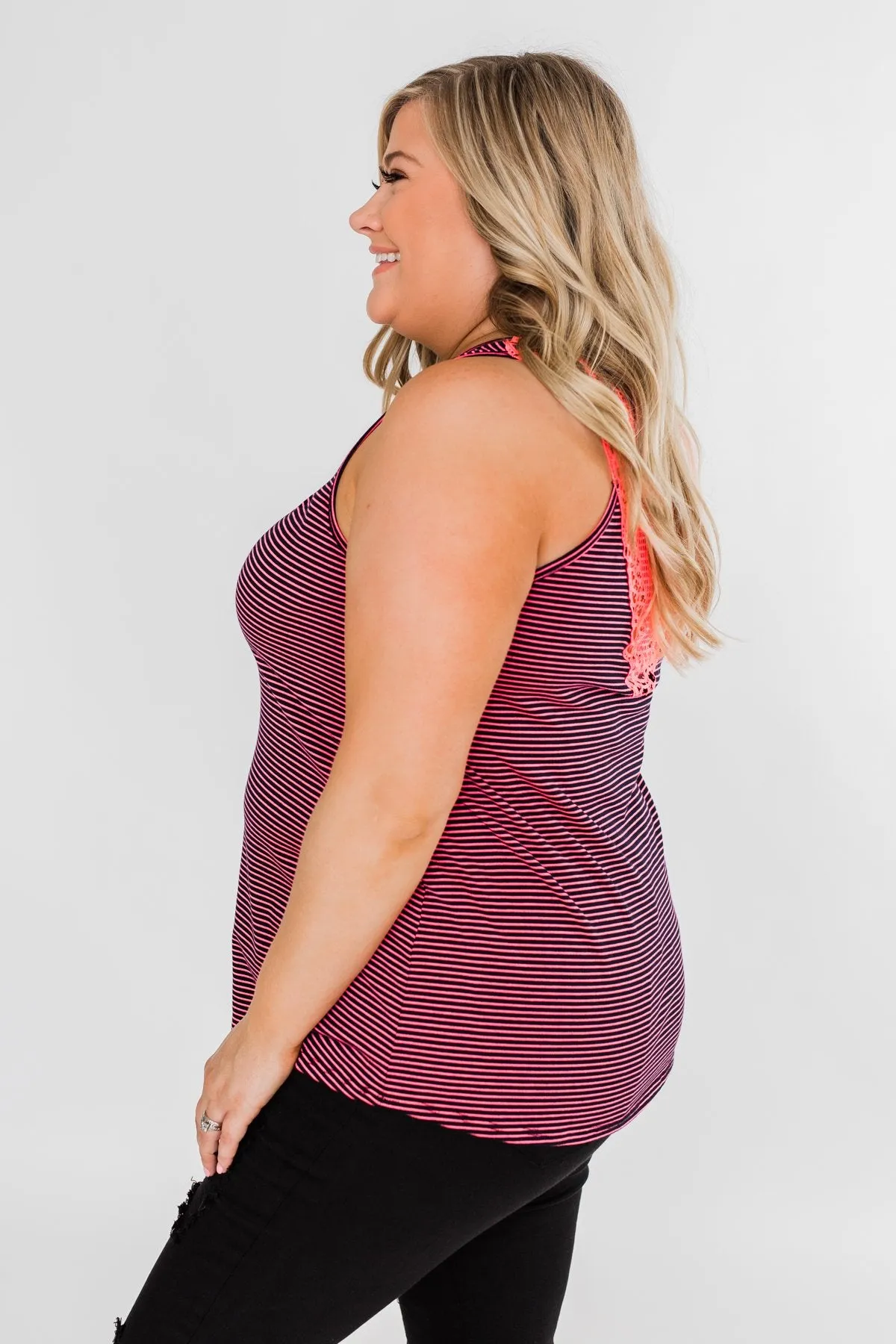 Striped Lace Racerback Tank Top- Neon Pink & Black