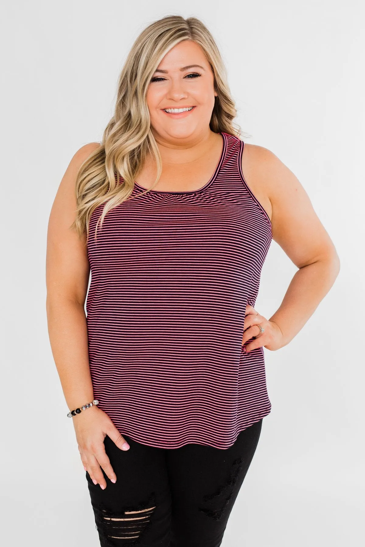 Striped Lace Racerback Tank Top- Neon Pink & Black