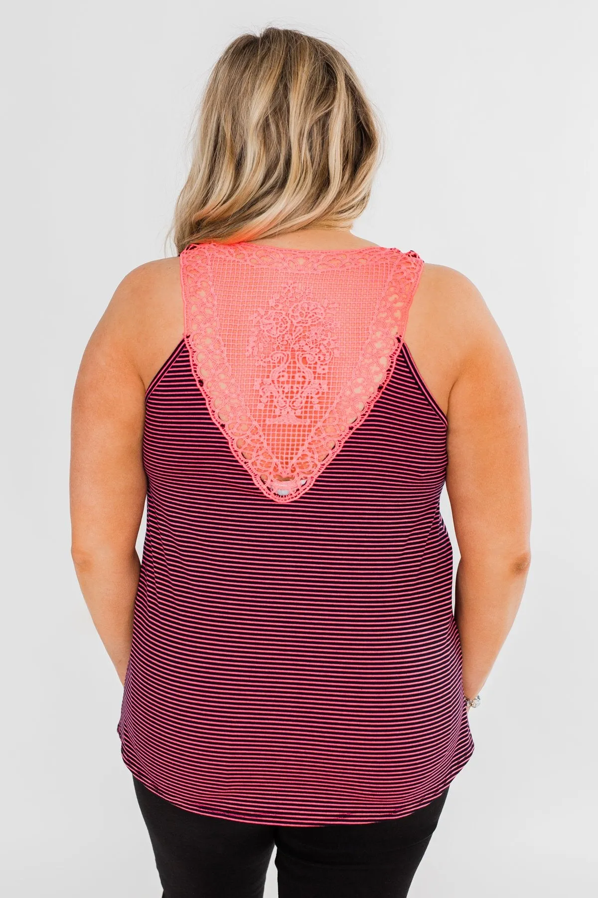 Striped Lace Racerback Tank Top- Neon Pink & Black