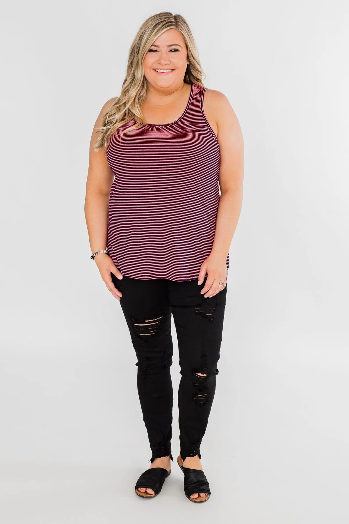 Striped Lace Racerback Tank Top- Neon Pink & Black