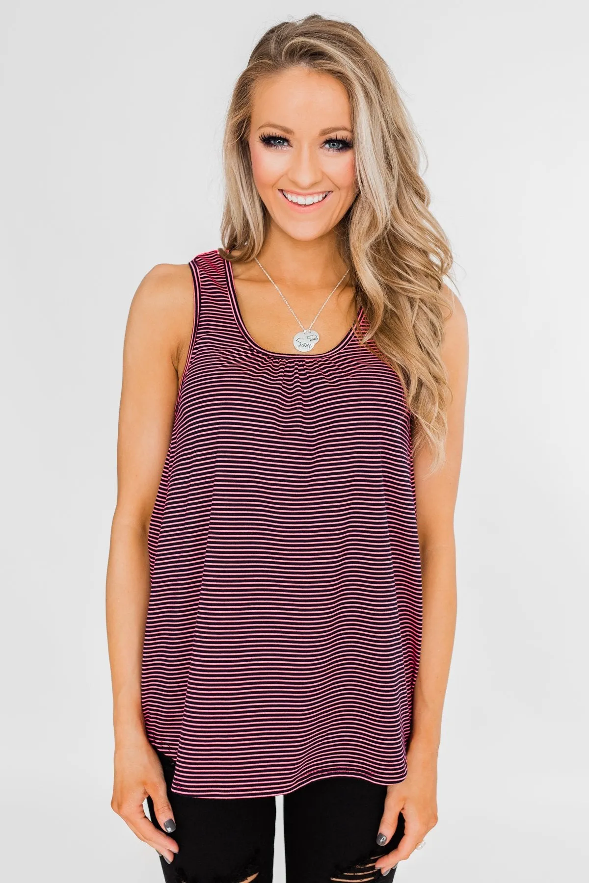 Striped Lace Racerback Tank Top- Neon Pink & Black