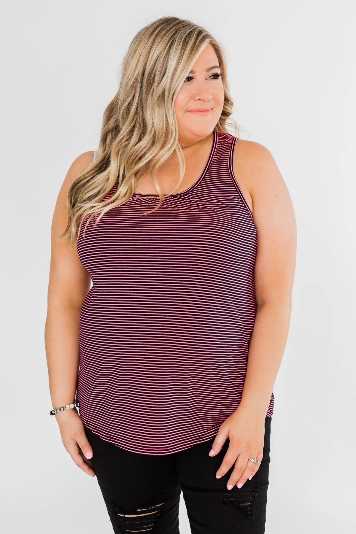 Striped Lace Racerback Tank Top- Neon Pink & Black