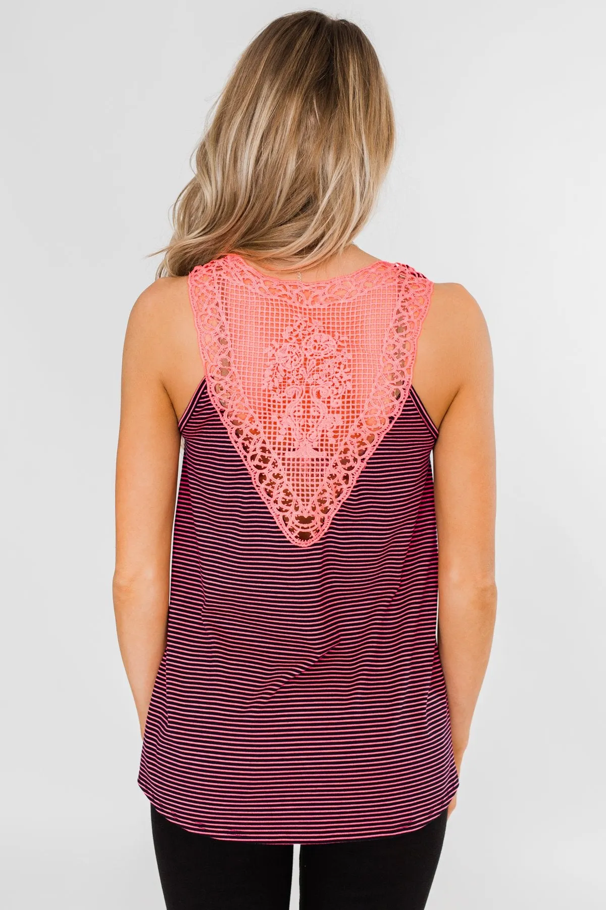 Striped Lace Racerback Tank Top- Neon Pink & Black