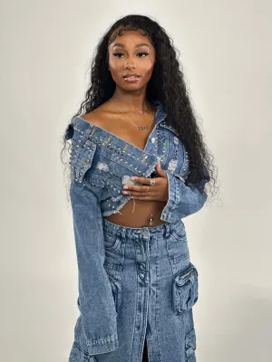 Studded Blue Denim Crop Jacket