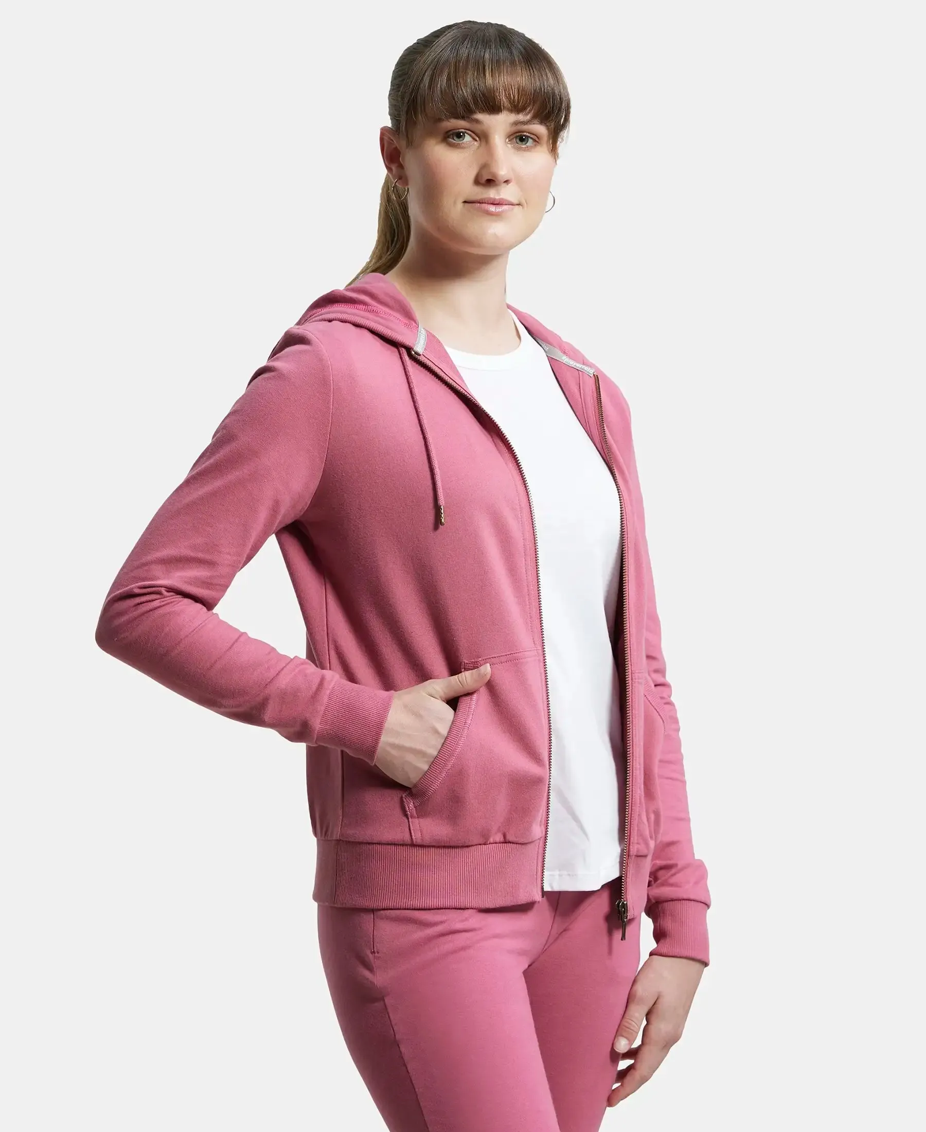 Super Combed Cotton French Terry Fabric Hoodie Jacket with Side Pockets - Rose Wine
