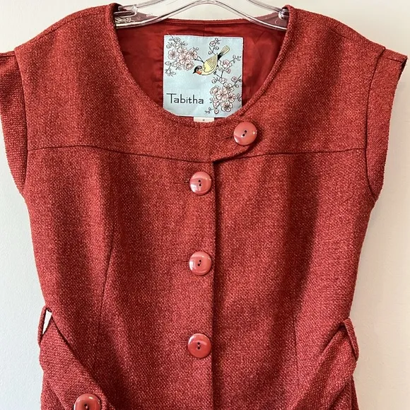 Tabitha Rust Red Buttoned Vest - 8, wool/polyester trench vest