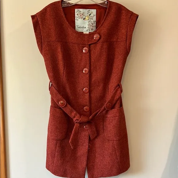 Tabitha Rust Red Buttoned Vest - 8, wool/polyester trench vest