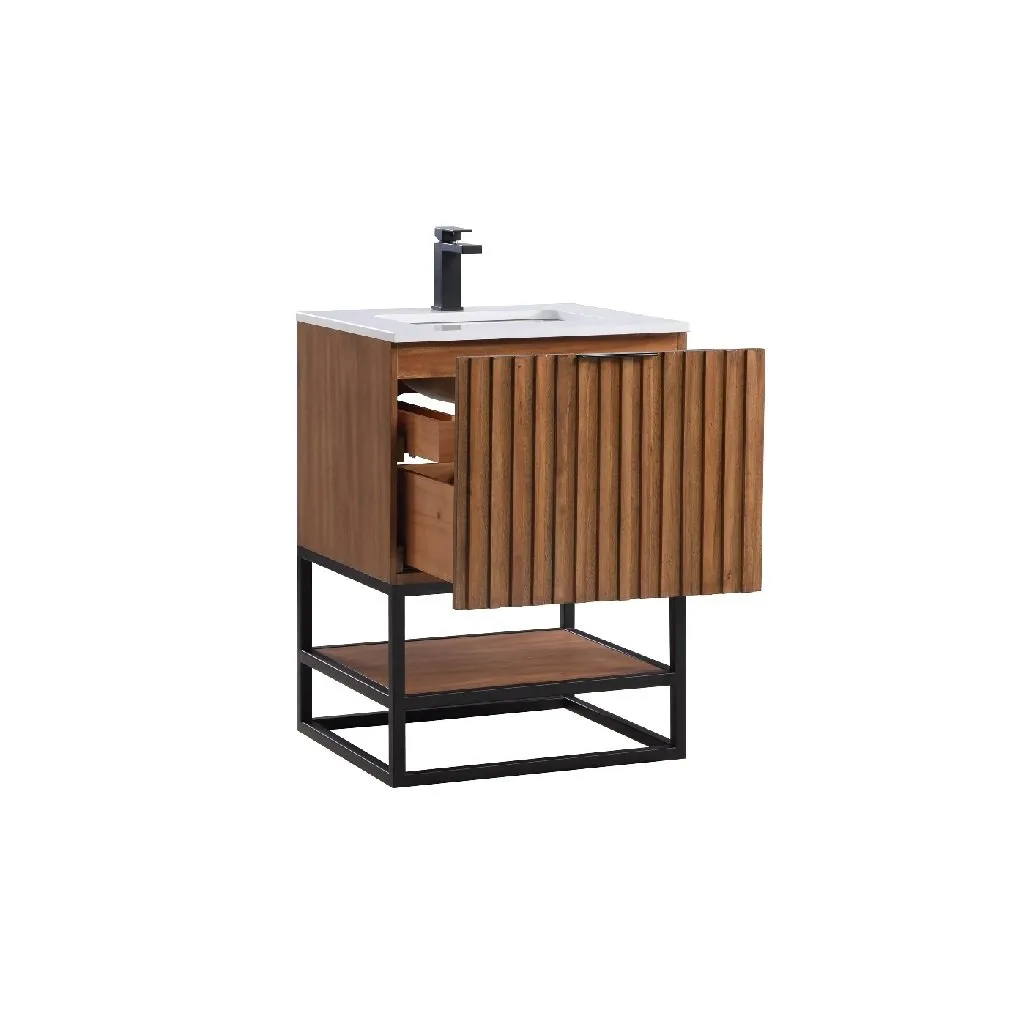 Terra 2 Drawers Bathroom Vanity with Carrara Marble Sink - Floor Mount - 24" Wood/Walnut/Matt Black