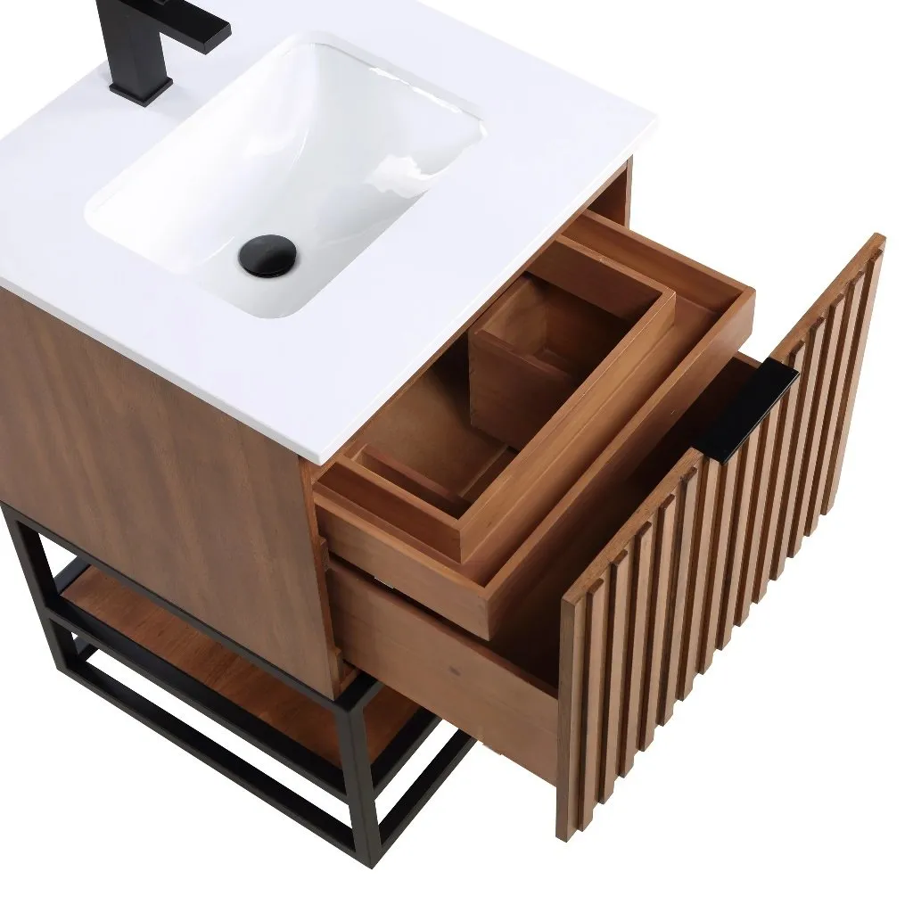 Terra 2 Drawers Bathroom Vanity with Carrara Marble Sink - Floor Mount - 24" Wood/Walnut/Matt Black