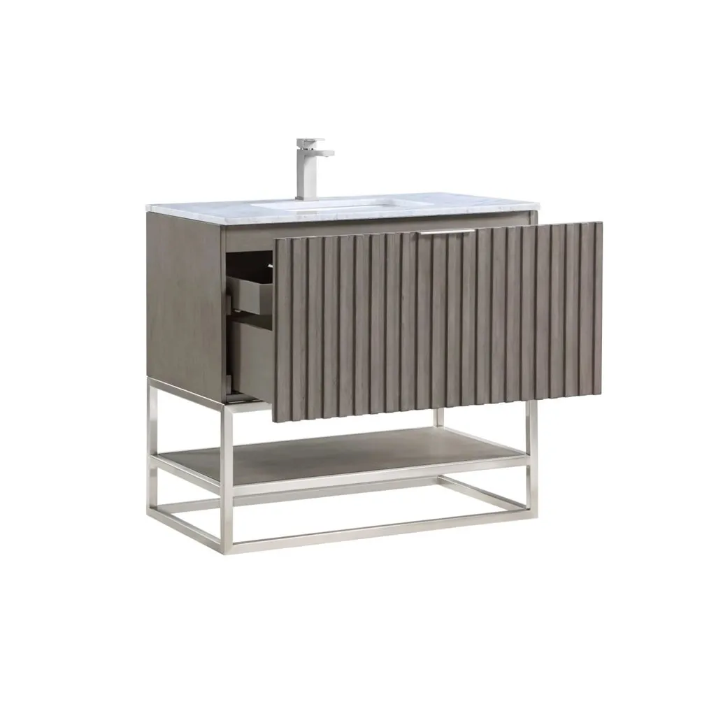 Terra 2 Drawers Bathroom Vanity with Carrara Marble Sink - Floor Mount - 36" Wood/Greywash/Brushed Nickel
