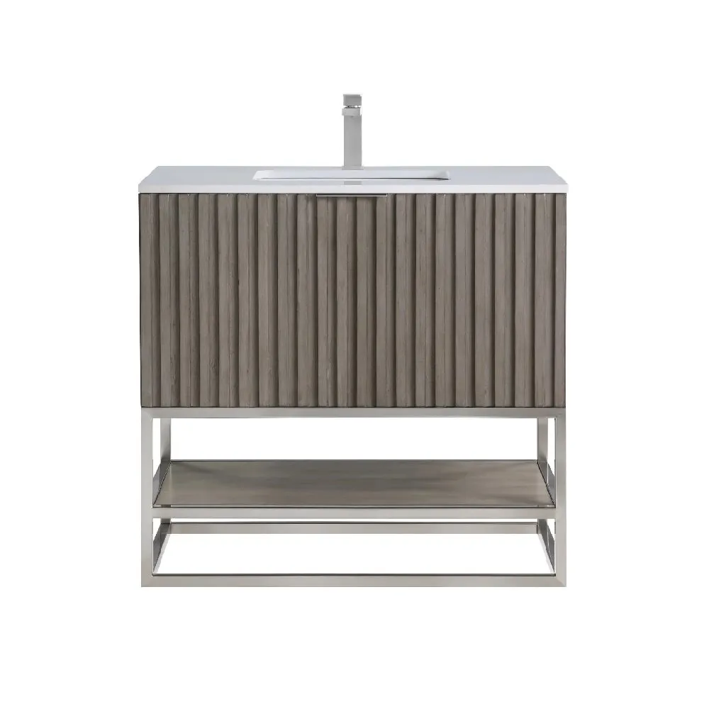 Terra 2 Drawers Bathroom Vanity with Carrara Marble Sink - Floor Mount - 36" Wood/Greywash/Brushed Nickel