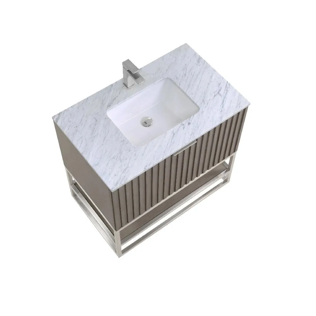 Terra 2 Drawers Bathroom Vanity with Carrara Marble Sink - Floor Mount - 36" Wood/Greywash/Brushed Nickel