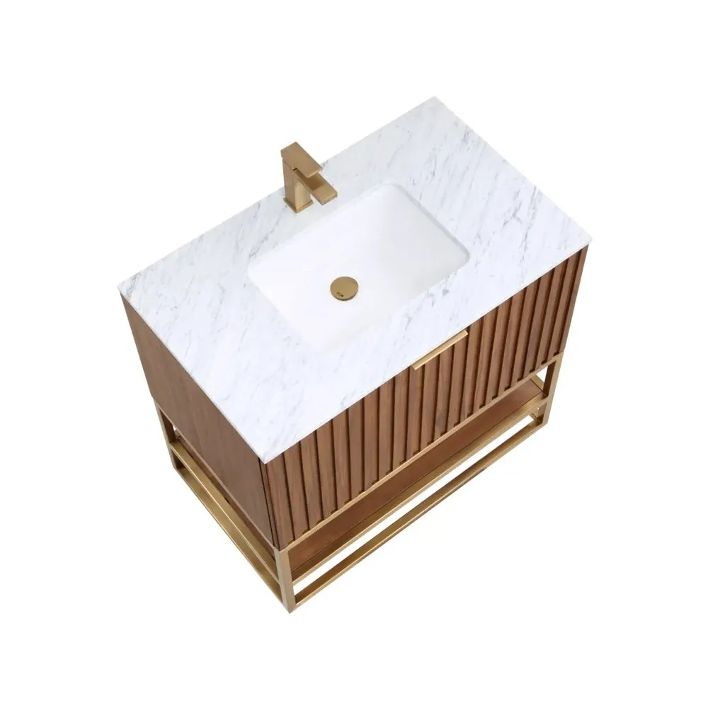 Terra 2 Drawers Bathroom Vanity with Carrara Marble Sink - Floor Mount - 36" Wood/Walnut/Satin Brass