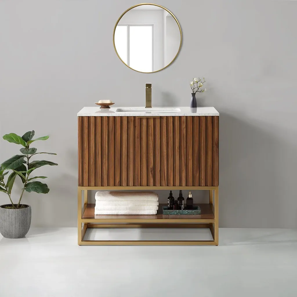 Terra 2 Drawers Bathroom Vanity with Carrara Marble Sink - Floor Mount - 36" Wood/Walnut/Satin Brass