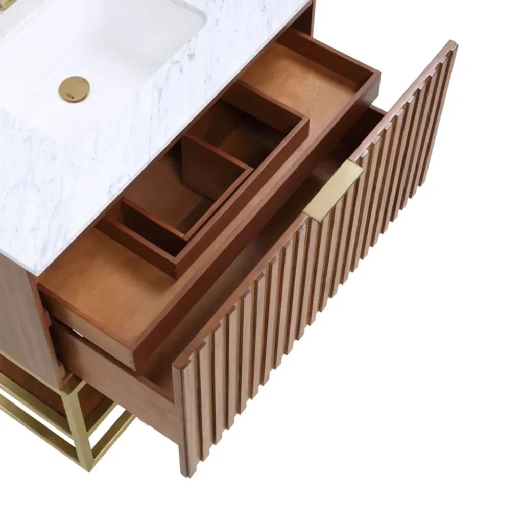 Terra 2 Drawers Bathroom Vanity with Carrara Marble Sink - Floor Mount - 36" Wood/Walnut/Satin Brass