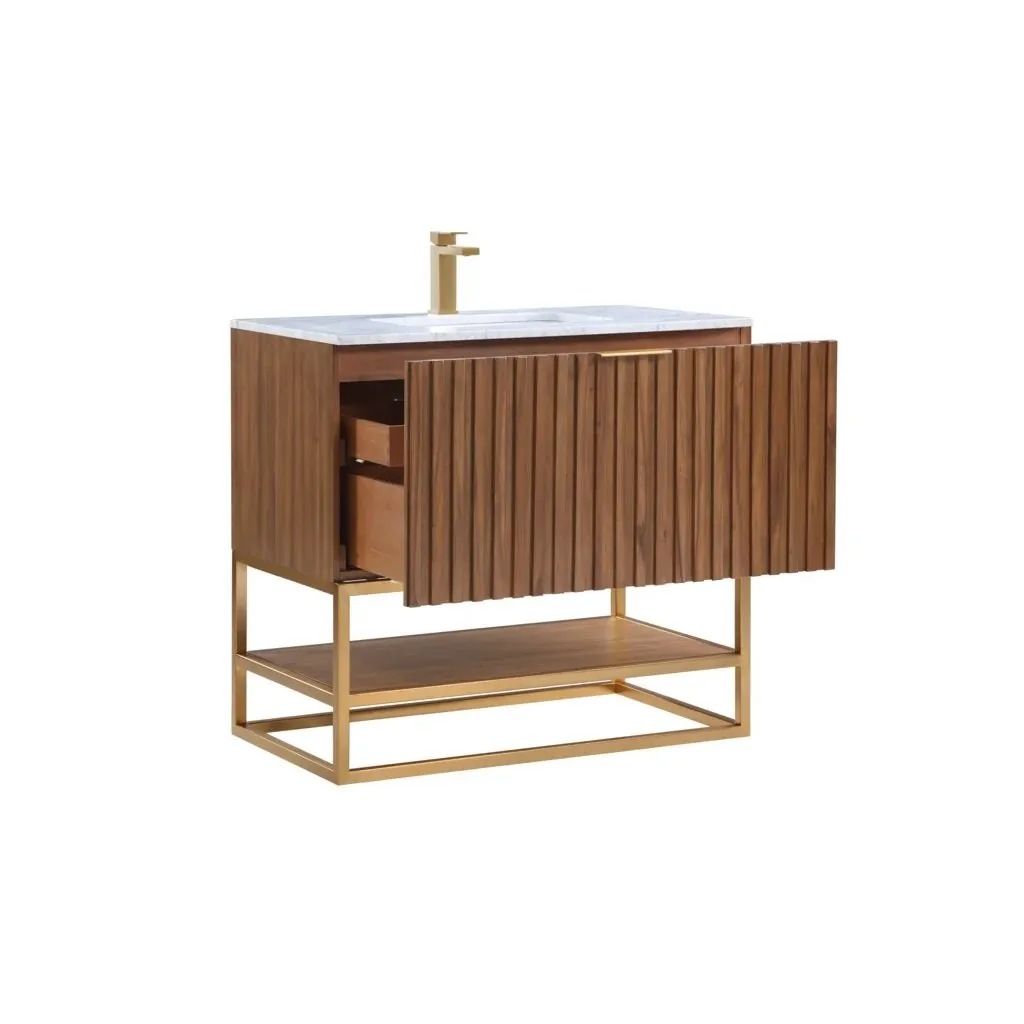 Terra 2 Drawers Bathroom Vanity with Carrara Marble Sink - Floor Mount - 36" Wood/Walnut/Satin Brass