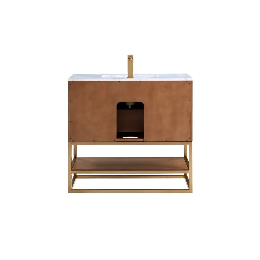 Terra 2 Drawers Bathroom Vanity with Carrara Marble Sink - Floor Mount - 36" Wood/Walnut/Satin Brass