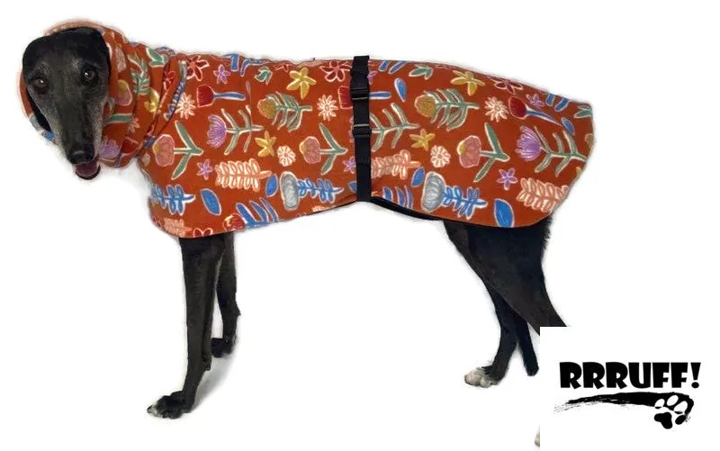 Trend setting greyhound coat in floral harvest double polar fleece washable