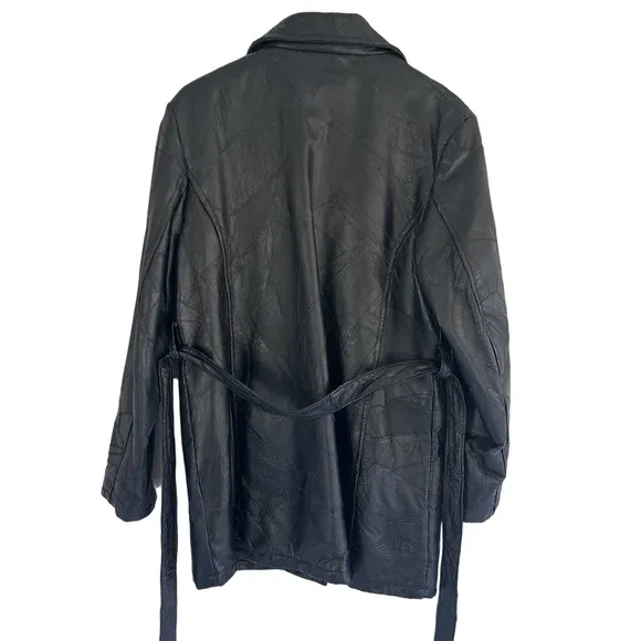 Vintage LeWorld Black‎ Leather Belted Trench Coat Patchwork Jacket Women's L
