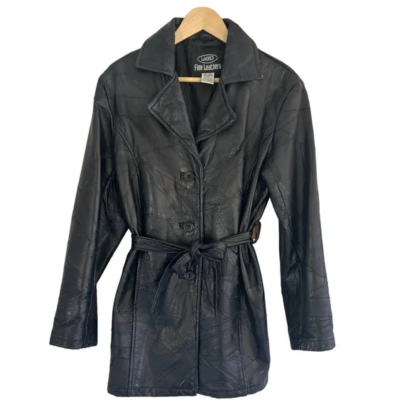 Vintage LeWorld Black‎ Leather Belted Trench Coat Patchwork Jacket Women's L