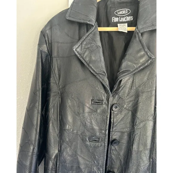 Vintage LeWorld Black‎ Leather Belted Trench Coat Patchwork Jacket Women's L
