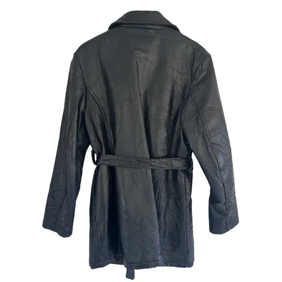 Vintage LeWorld Black‎ Leather Belted Trench Coat Patchwork Jacket Women's L