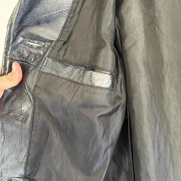 Vintage LeWorld Black‎ Leather Belted Trench Coat Patchwork Jacket Women's L