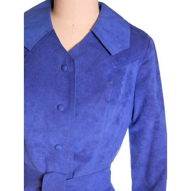 Vintage Ultra Suede Ladies Spring Coat/Dress  Bright Blue 1970s Small
