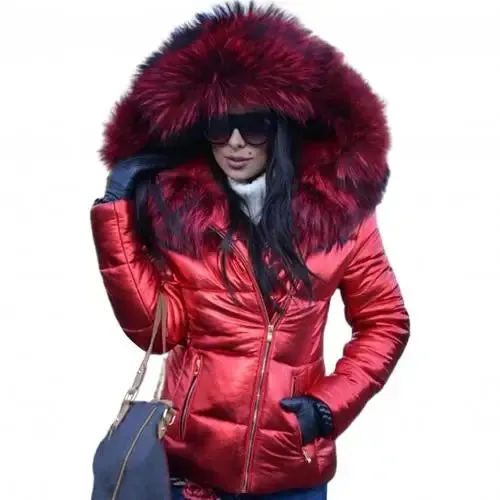 Winter Down Clothes Faux Fur Hood Zipper Pocket  Warm Parkas Jackets Woman Outdoor