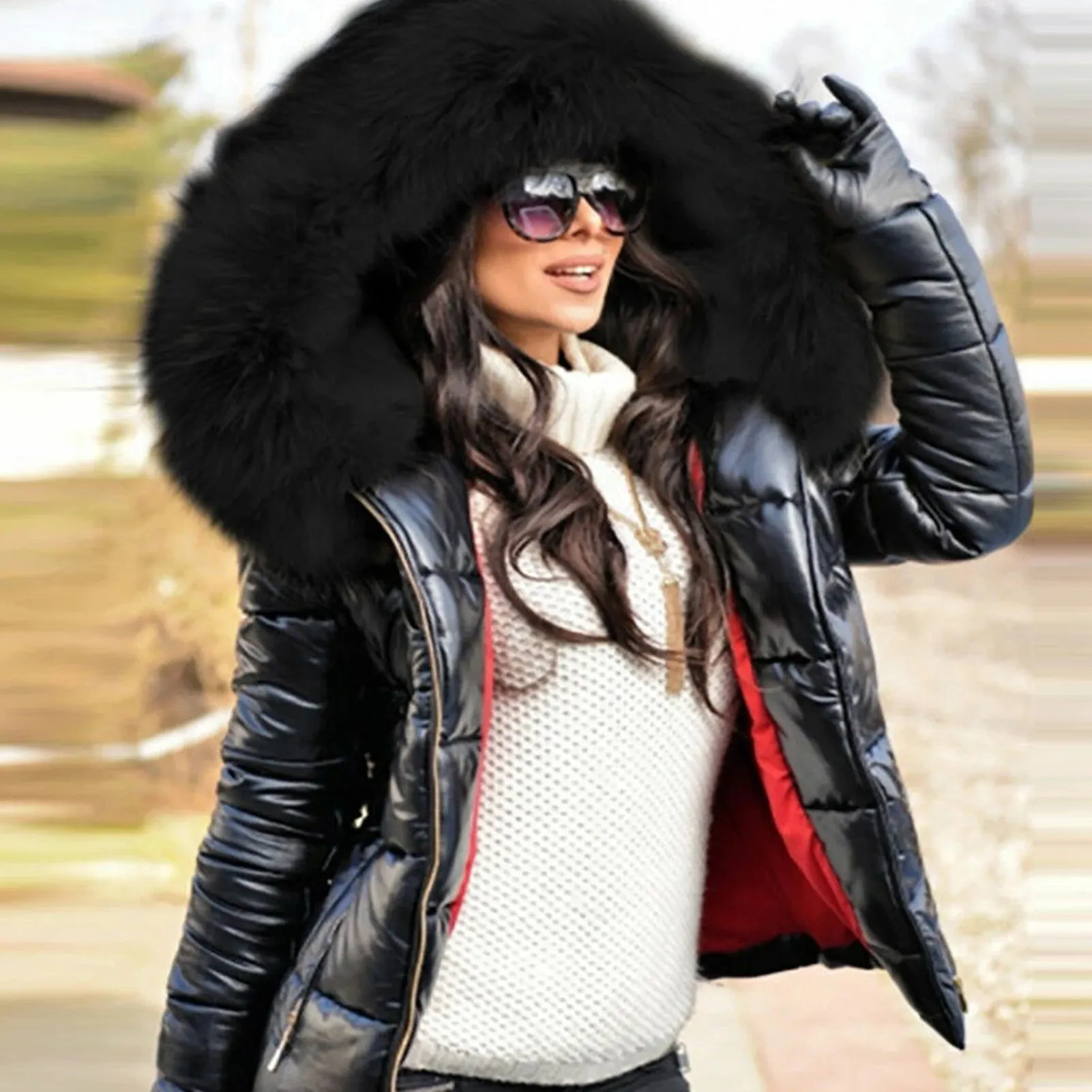 Winter Down Clothes Faux Fur Hood Zipper Pocket  Warm Parkas Jackets Woman Outdoor
