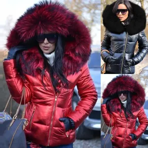 Winter Down Clothes Faux Fur Hood Zipper Pocket  Warm Parkas Jackets Woman Outdoor