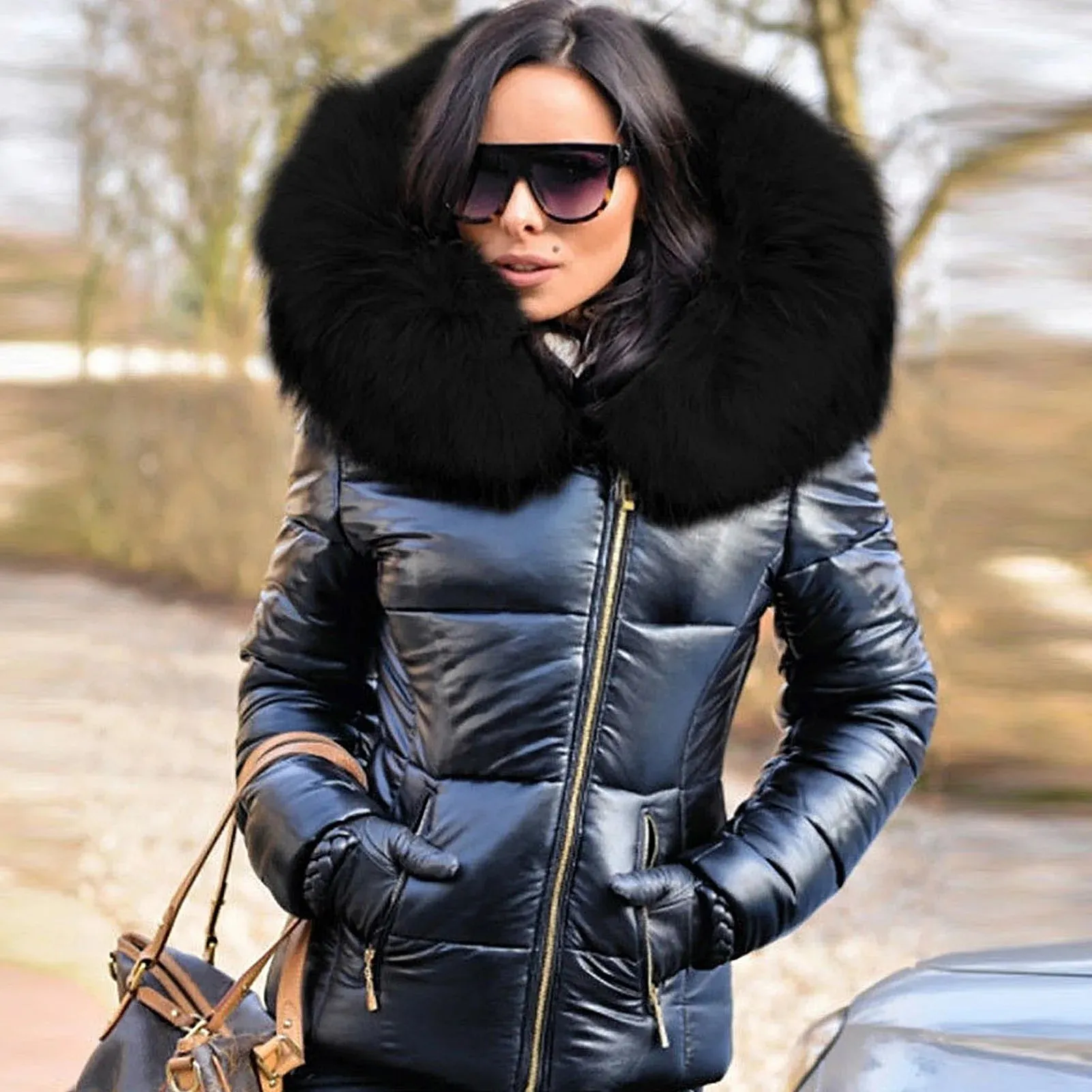 Winter Down Clothes Faux Fur Hood Zipper Pocket  Warm Parkas Jackets Woman Outdoor