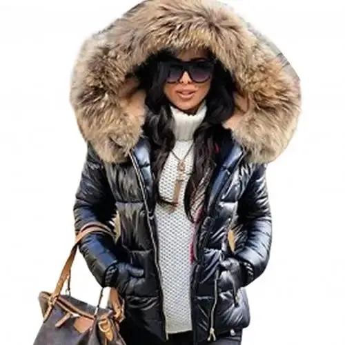 Winter Down Clothes Faux Fur Hood Zipper Pocket  Warm Parkas Jackets Woman Outdoor