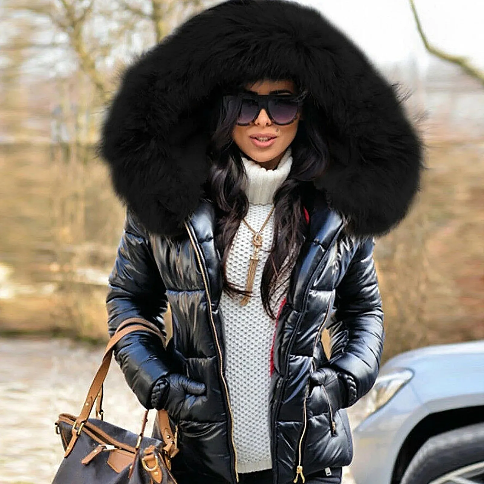 Winter Down Clothes Faux Fur Hood Zipper Pocket  Warm Parkas Jackets Woman Outdoor