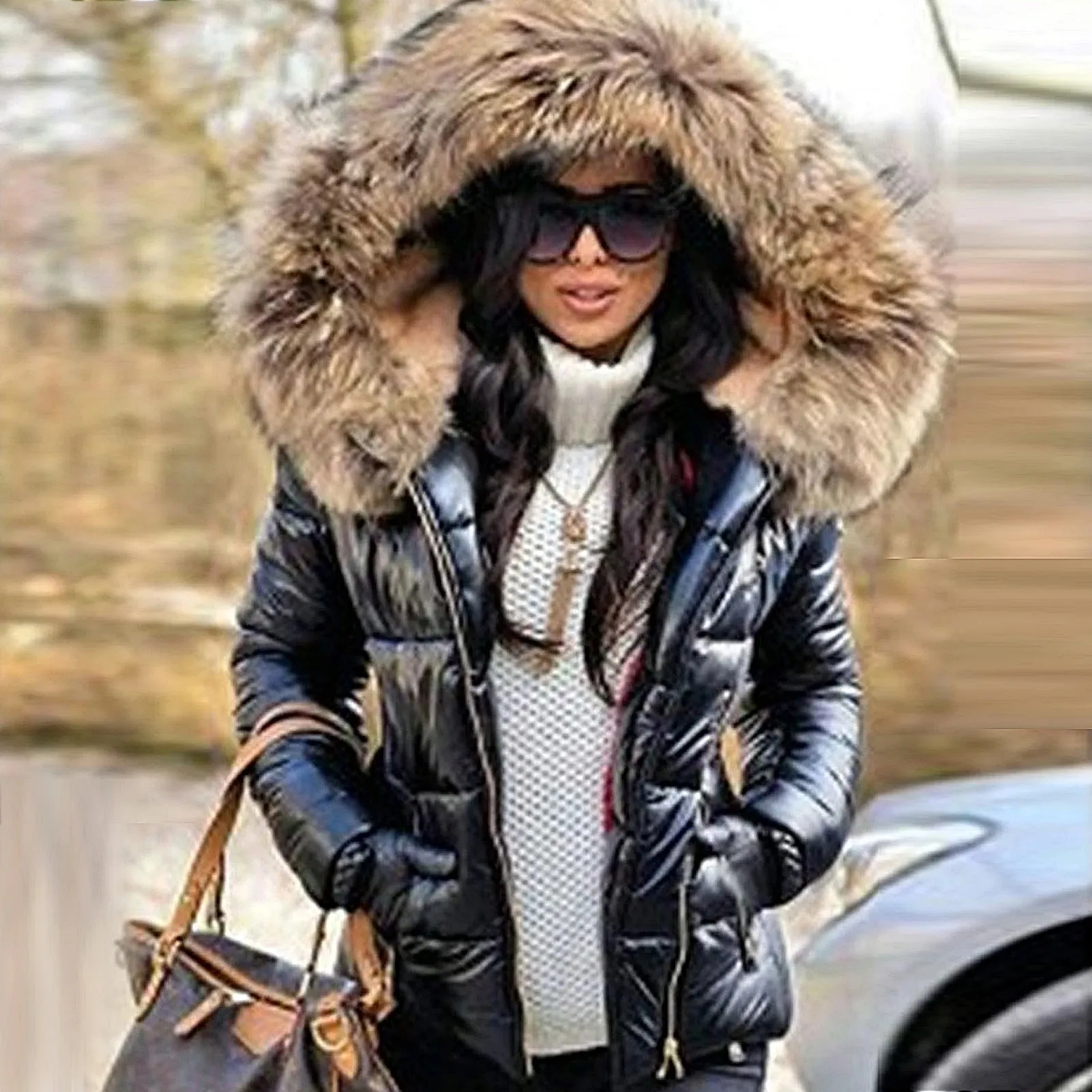 Winter Down Clothes Faux Fur Hood Zipper Pocket  Warm Parkas Jackets Woman Outdoor