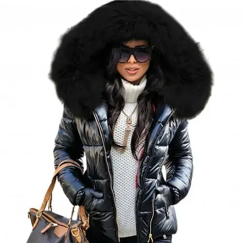Winter Down Clothes Faux Fur Hood Zipper Pocket  Warm Parkas Jackets Woman Outdoor
