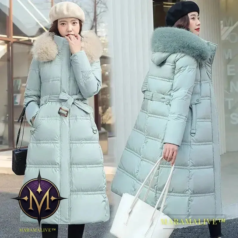 Winter New Down Cotton Parkas Jacket Women's X-Long Faux Fur Collar Padded Jacket Thick Loose Large Size Padded Jacket