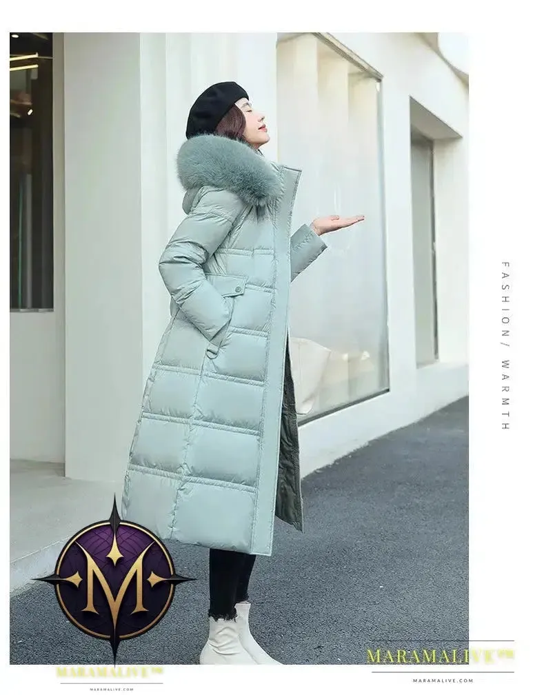 Winter New Down Cotton Parkas Jacket Women's X-Long Faux Fur Collar Padded Jacket Thick Loose Large Size Padded Jacket