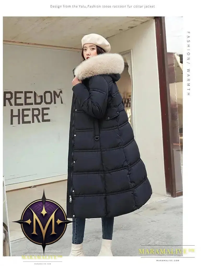 Winter New Down Cotton Parkas Jacket Women's X-Long Faux Fur Collar Padded Jacket Thick Loose Large Size Padded Jacket