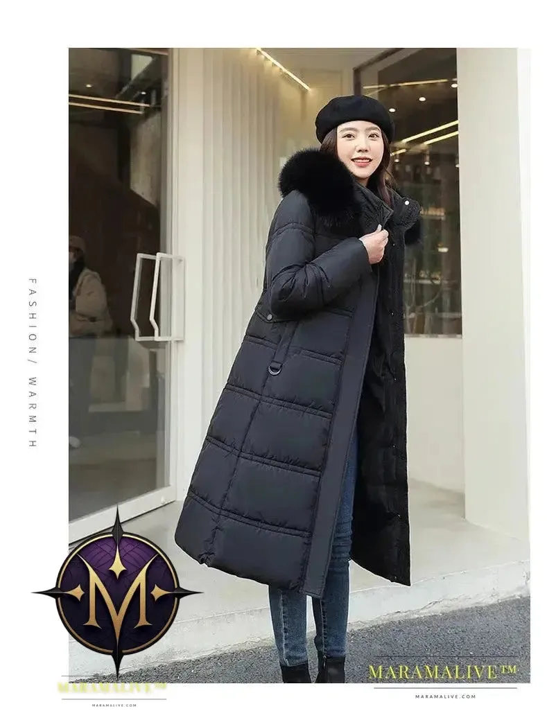 Winter New Down Cotton Parkas Jacket Women's X-Long Faux Fur Collar Padded Jacket Thick Loose Large Size Padded Jacket