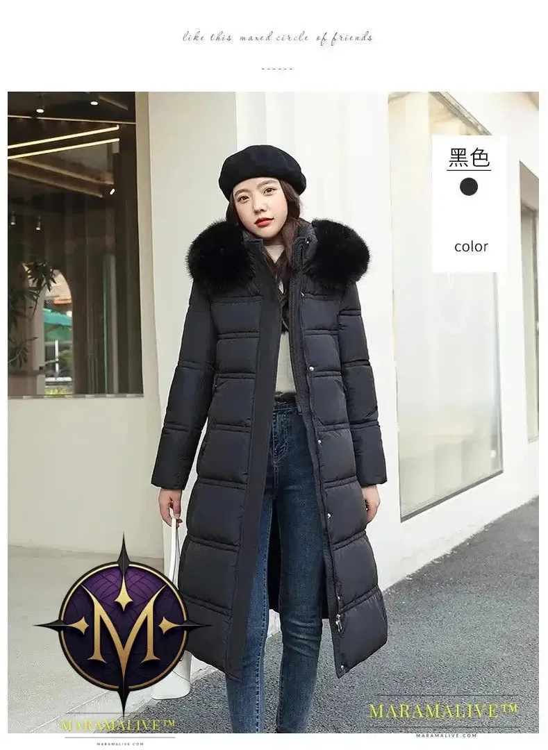 Winter New Down Cotton Parkas Jacket Women's X-Long Faux Fur Collar Padded Jacket Thick Loose Large Size Padded Jacket
