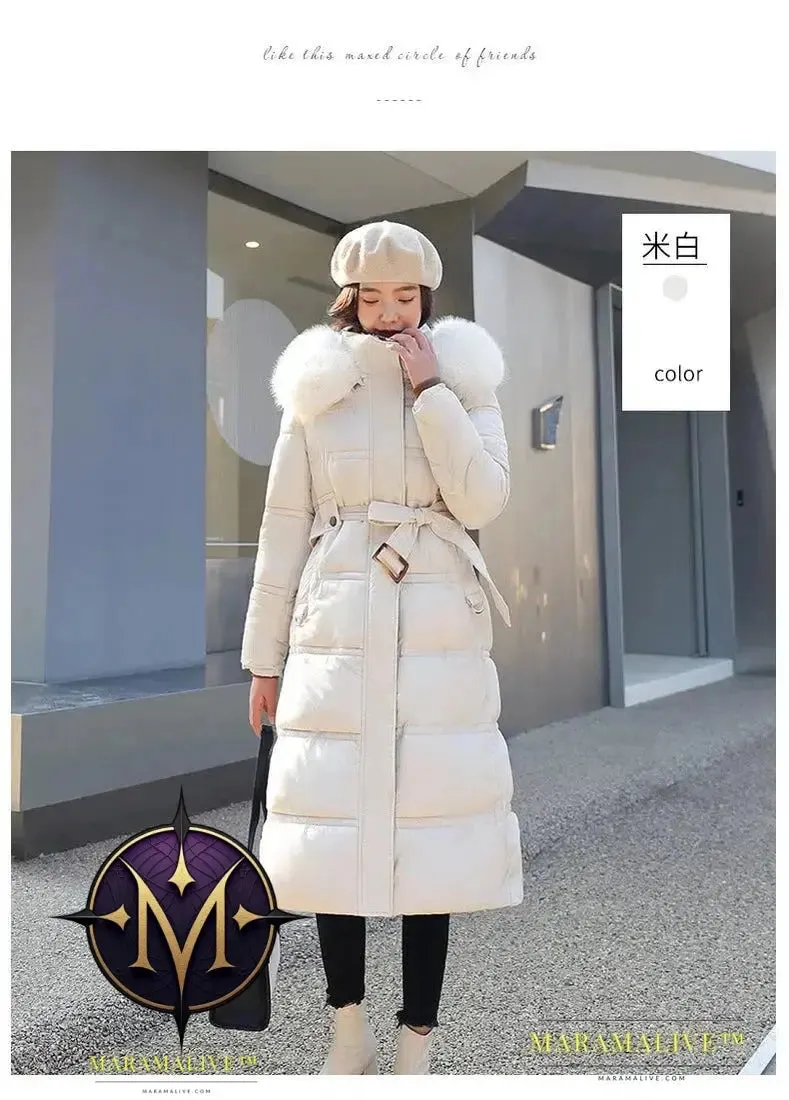 Winter New Down Cotton Parkas Jacket Women's X-Long Faux Fur Collar Padded Jacket Thick Loose Large Size Padded Jacket