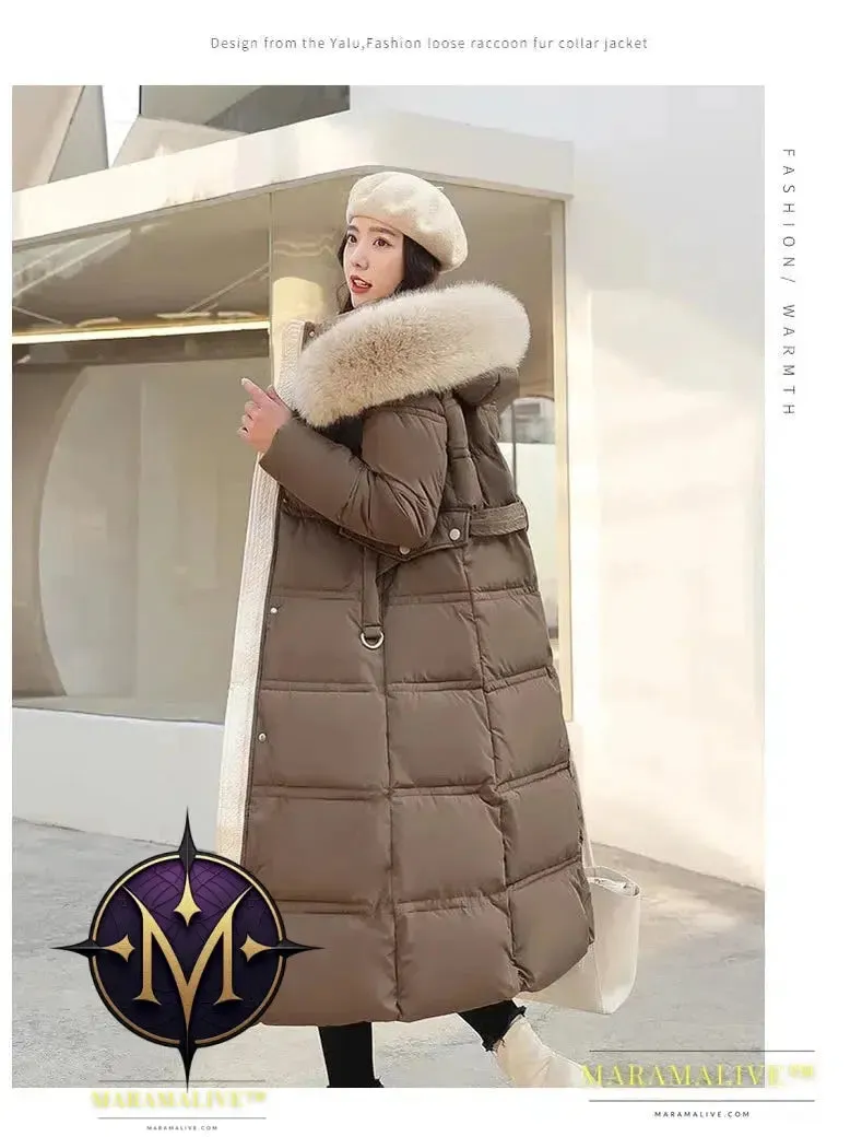 Winter New Down Cotton Parkas Jacket Women's X-Long Faux Fur Collar Padded Jacket Thick Loose Large Size Padded Jacket