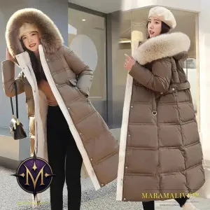 Winter New Down Cotton Parkas Jacket Women's X-Long Faux Fur Collar Padded Jacket Thick Loose Large Size Padded Jacket