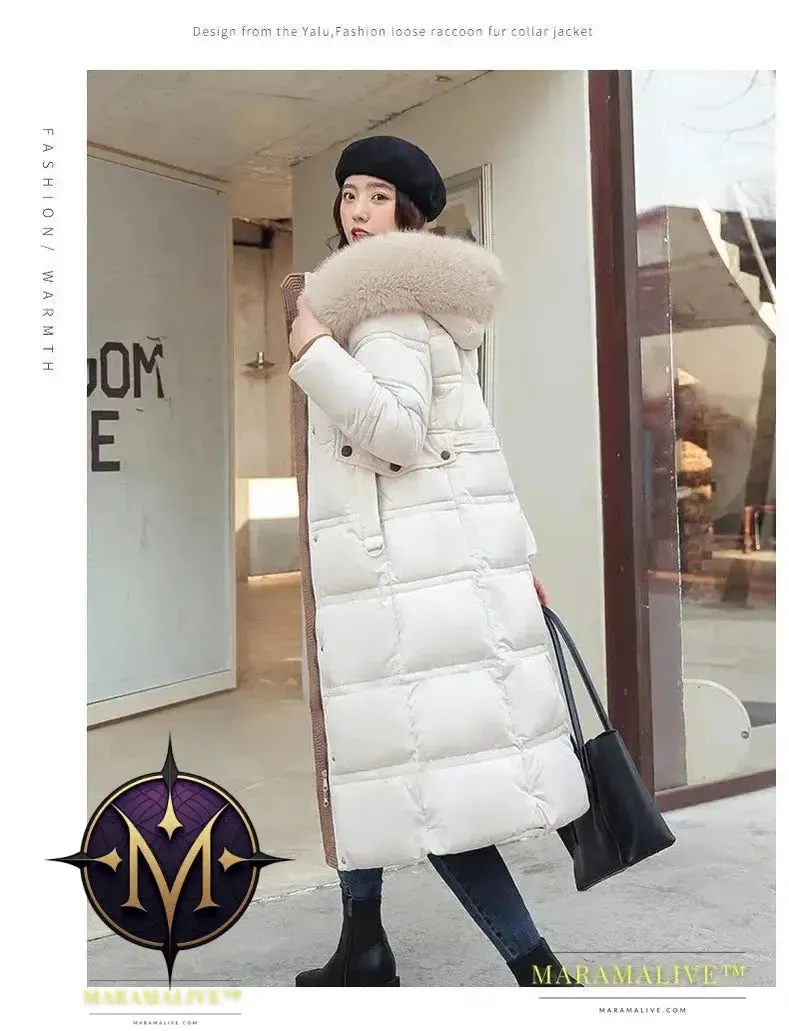 Winter New Down Cotton Parkas Jacket Women's X-Long Faux Fur Collar Padded Jacket Thick Loose Large Size Padded Jacket