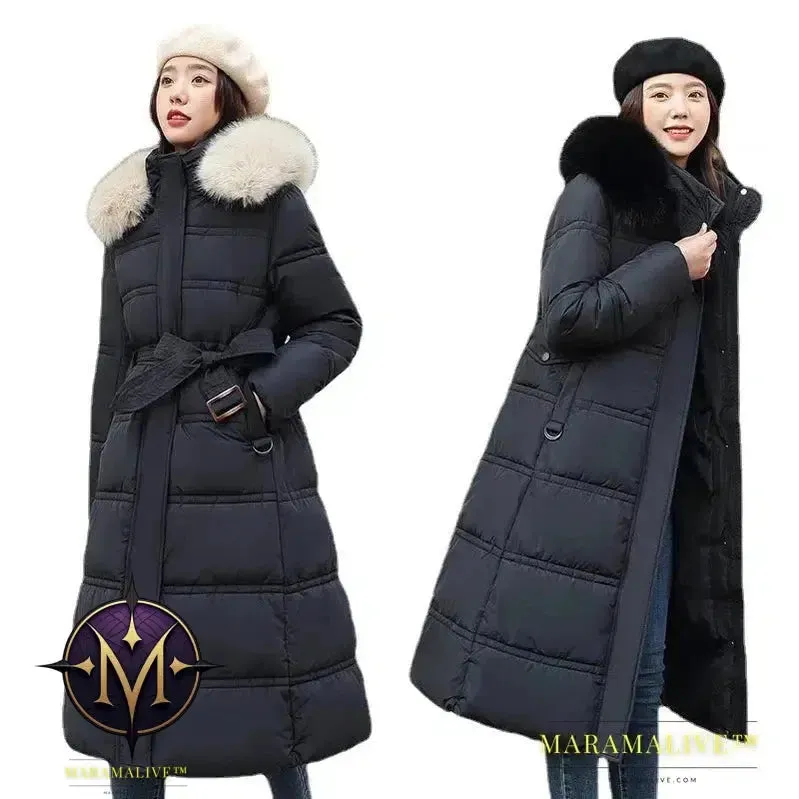 Winter New Down Cotton Parkas Jacket Women's X-Long Faux Fur Collar Padded Jacket Thick Loose Large Size Padded Jacket