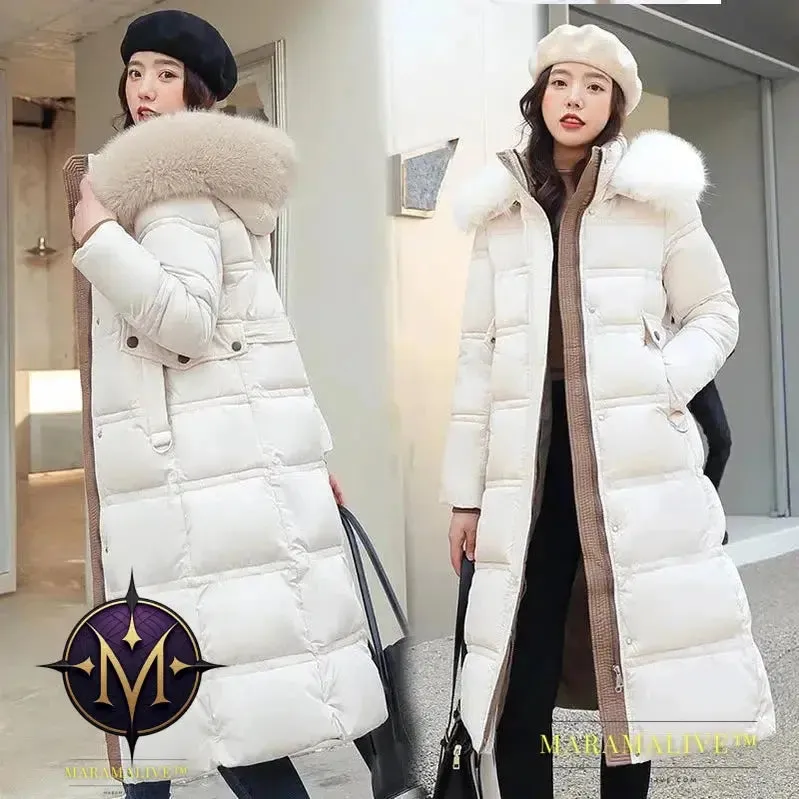 Winter New Down Cotton Parkas Jacket Women's X-Long Faux Fur Collar Padded Jacket Thick Loose Large Size Padded Jacket