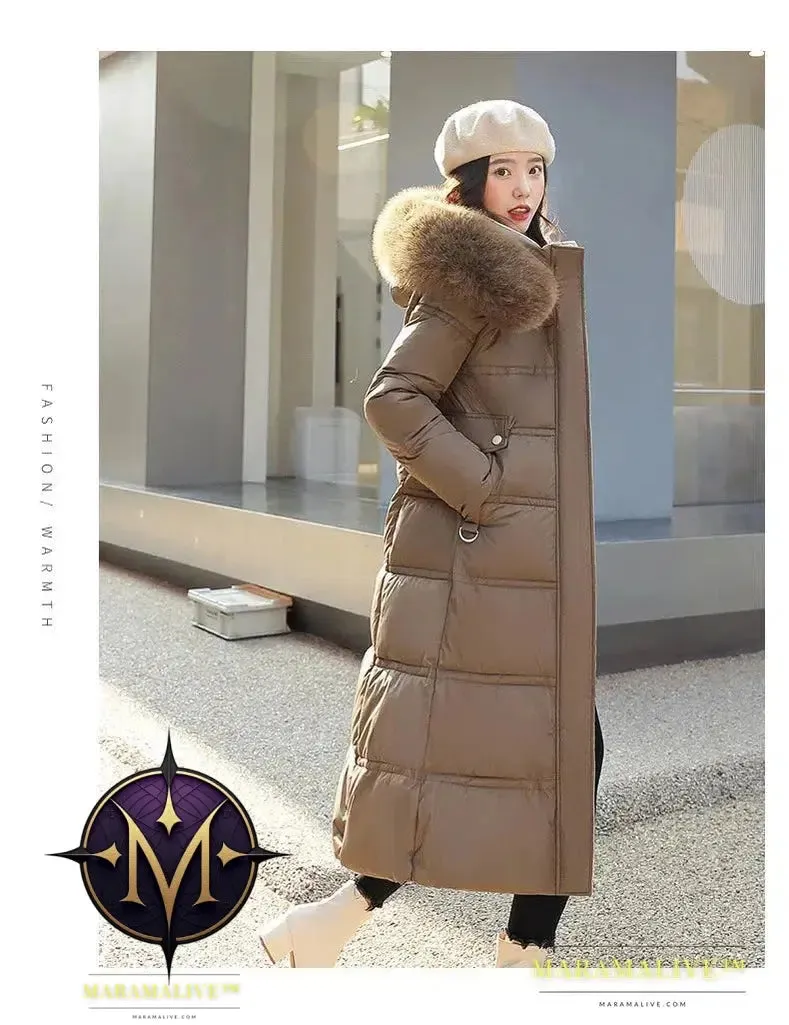 Winter New Down Cotton Parkas Jacket Women's X-Long Faux Fur Collar Padded Jacket Thick Loose Large Size Padded Jacket
