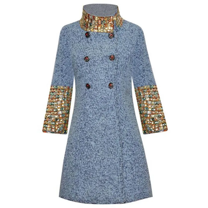 Women Stand Up Collar 3/4 Sleeve Heavy Diamond Short Woolen Coat Elegant Autumn And Winter Outwear New
