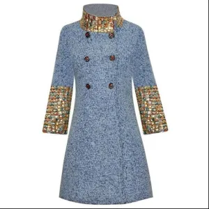 Women Stand Up Collar 3/4 Sleeve Heavy Diamond Short Woolen Coat Elegant Autumn And Winter Outwear New